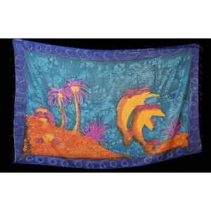 Vintage YMLA Shawl Beach Wrap Tropical Island Dolphins Scarf Tapestry 68" x 43"